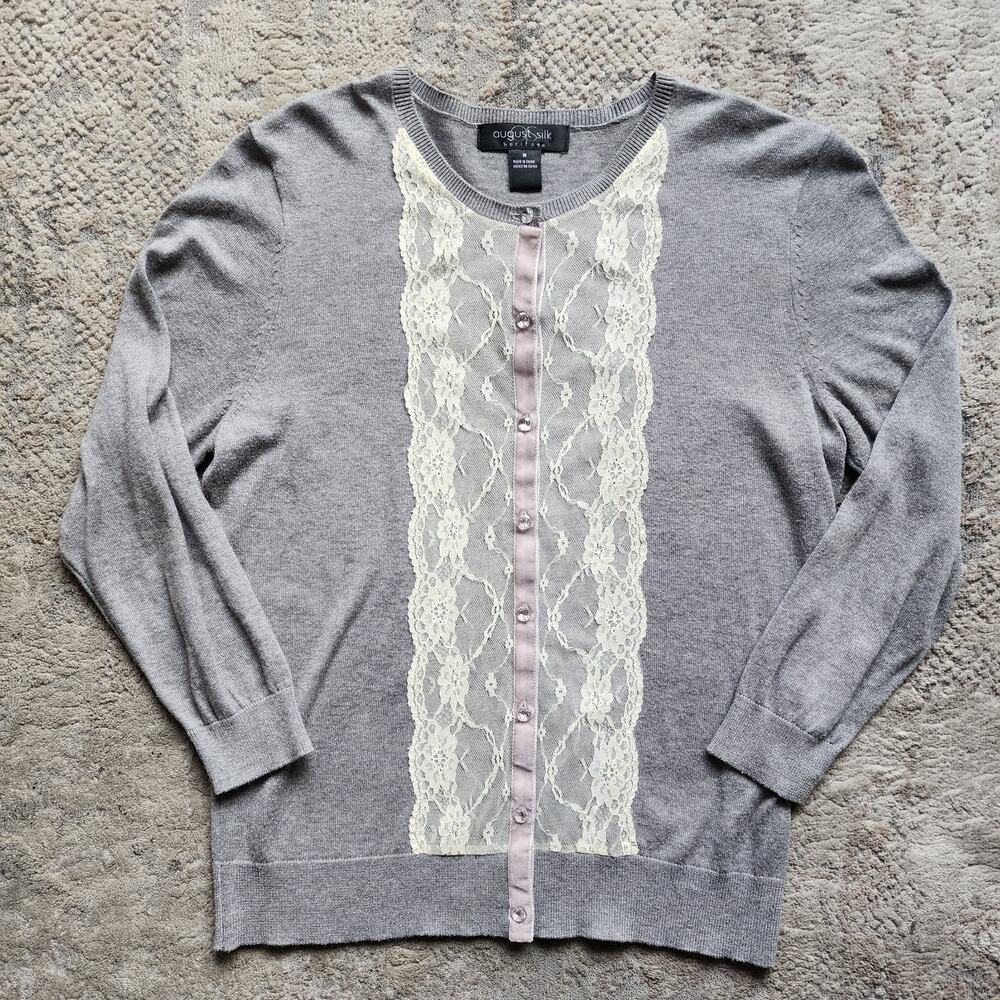 August Silk Heritage Medium Gray Lace Trim Cardigan Jewel Buttons Fairy Academia
